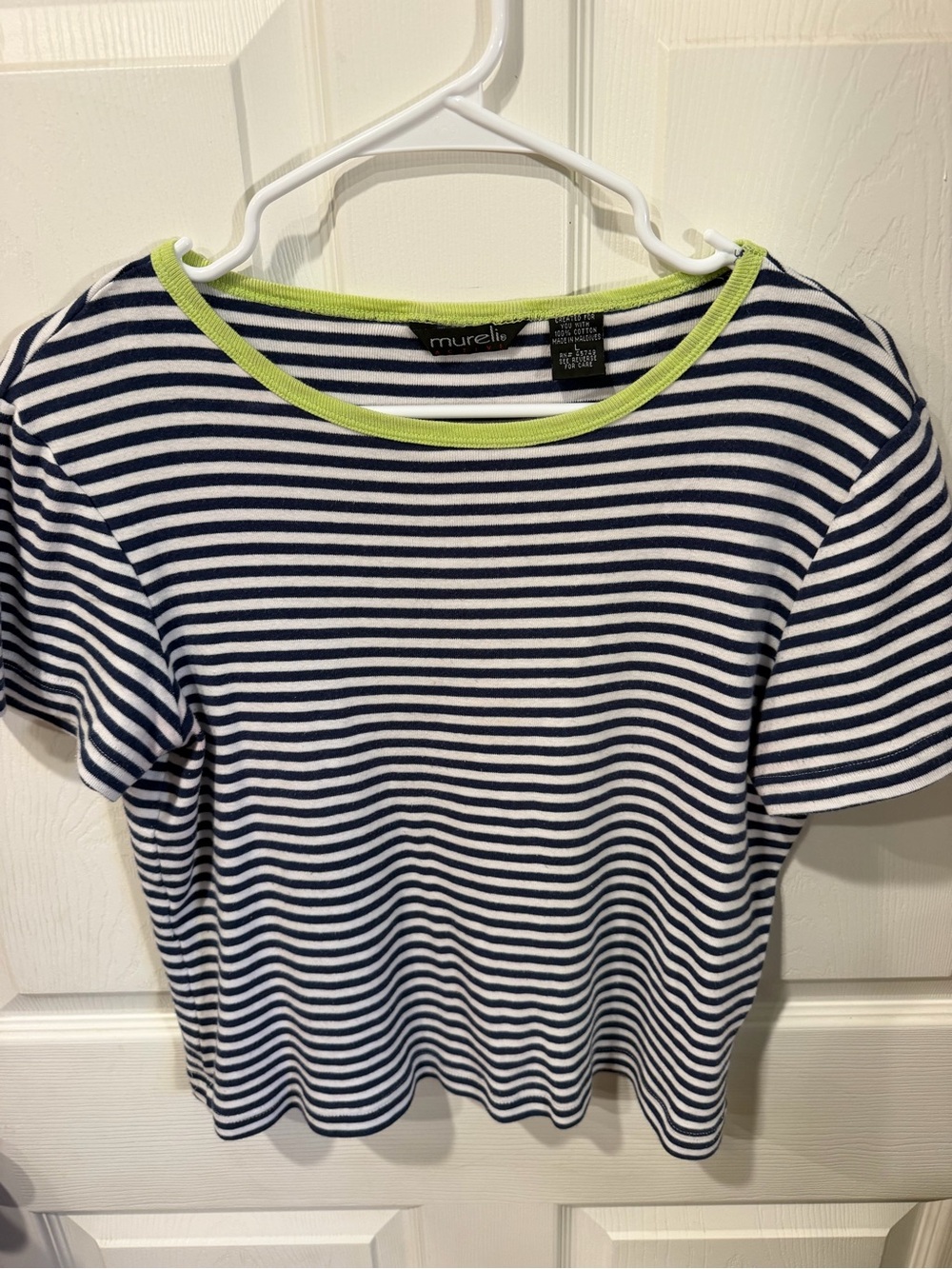 Mureli Navy & White Striped Short Sleeve Top with Lime Trim